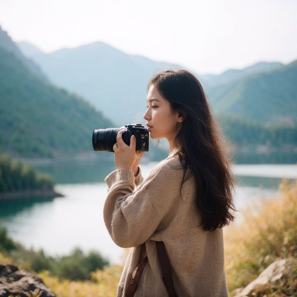 山々と湖を背景に、若い女性が自然の中でカメラを構える美しい風景写真。