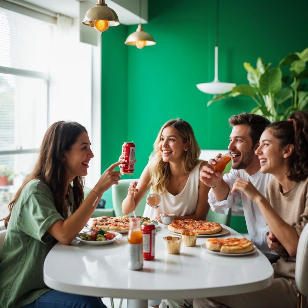 モダンなレストランで楽しく食事をする若い友人グループ。緑の壁、ピザ、笑顔が印象的。