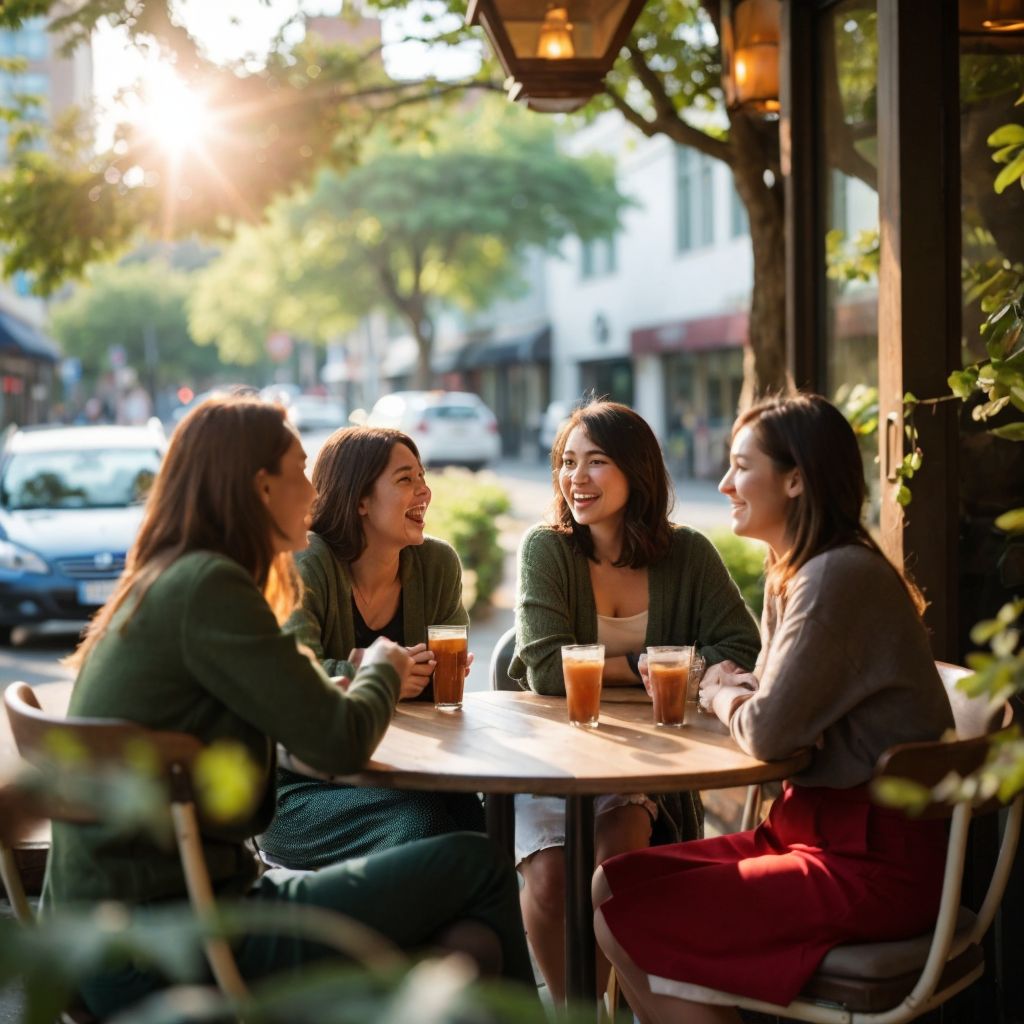 屋外カフェで楽しく会話する4人の若い女性。緑豊かな環境で友情を深める様子。