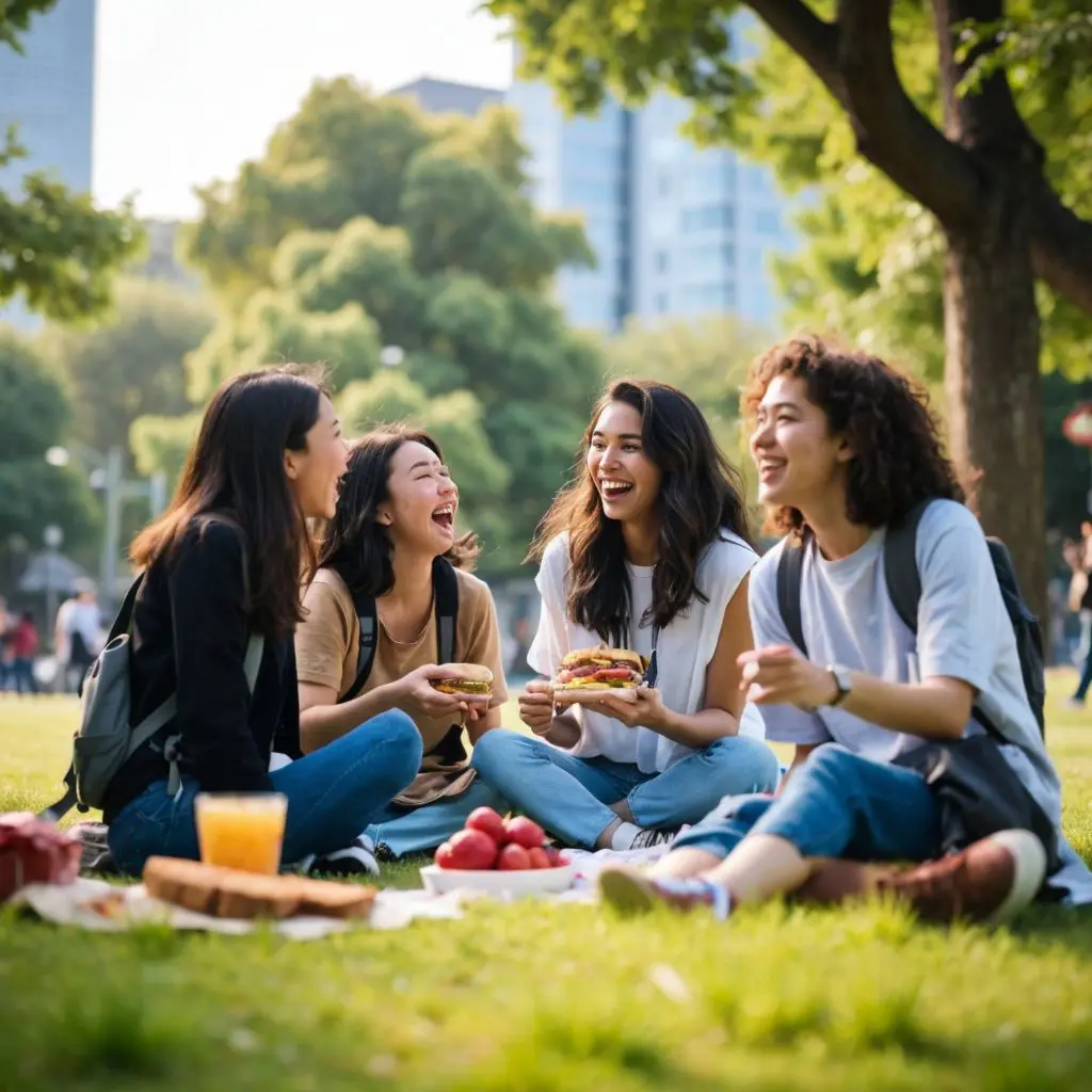 都会の公園でピクニックを楽しむ若い女性たち。背景には高層ビル群が見える。