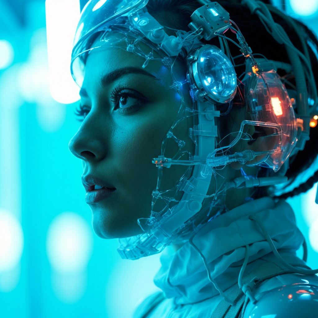 未来的なヘッドセットを装着した人物のプロフィール。サイバーパンクな青い照明。先進技術のイメージ。