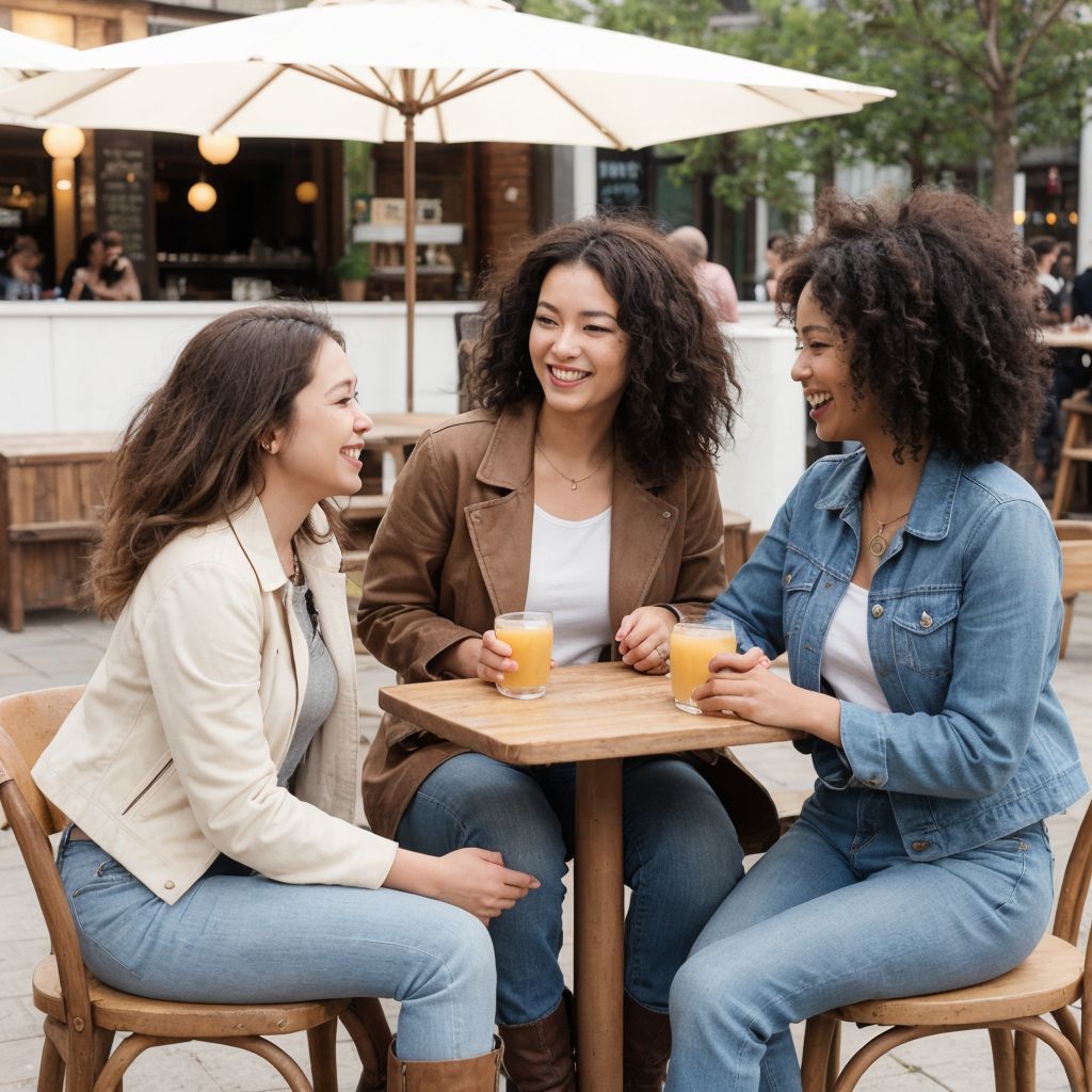 カフェで楽しく会話する3人の若い女性。友情と都会的な雰囲気が溢れる屋外シーン。