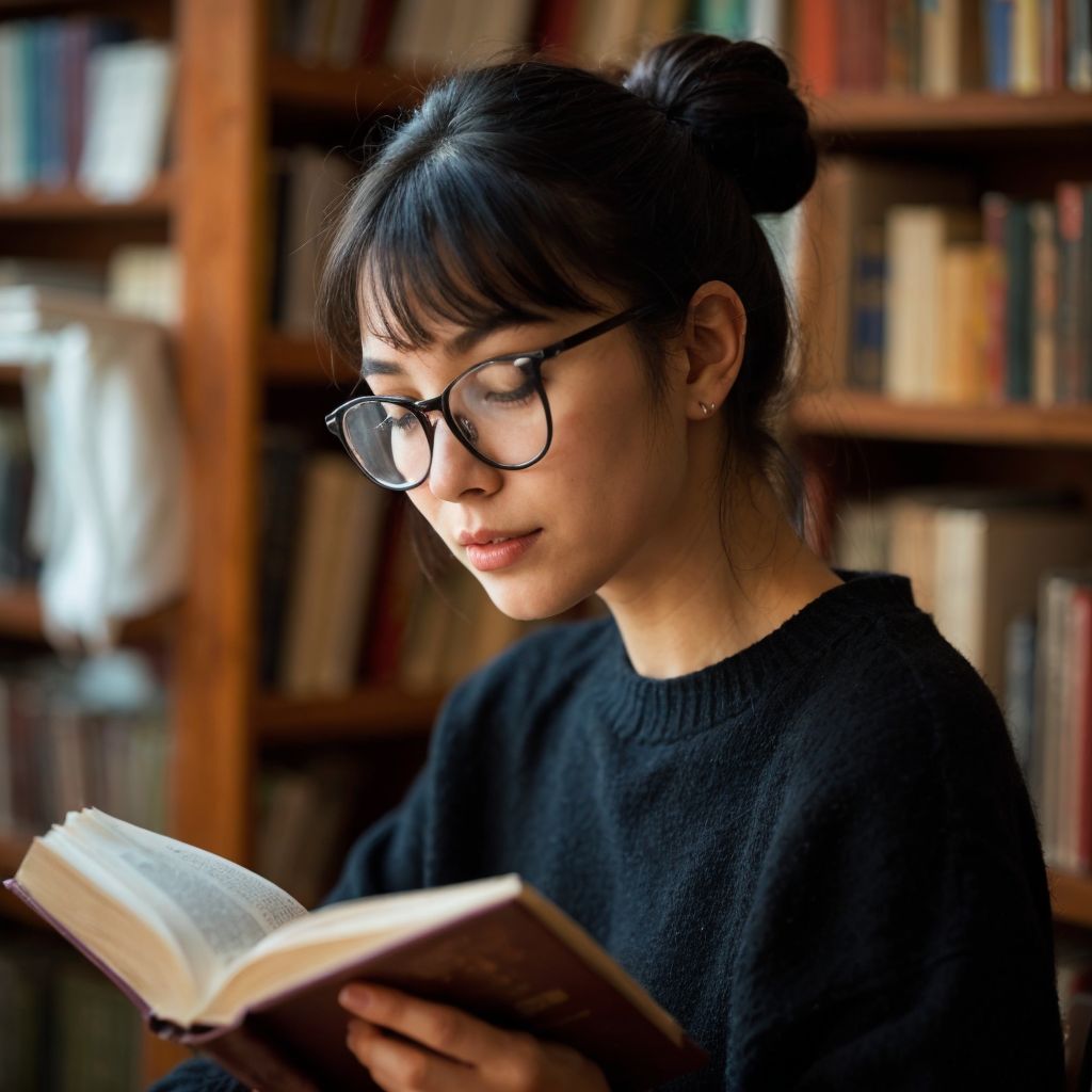 図書館で読書に没頭する眼鏡をかけた若い女性。本棚が背景に見える。