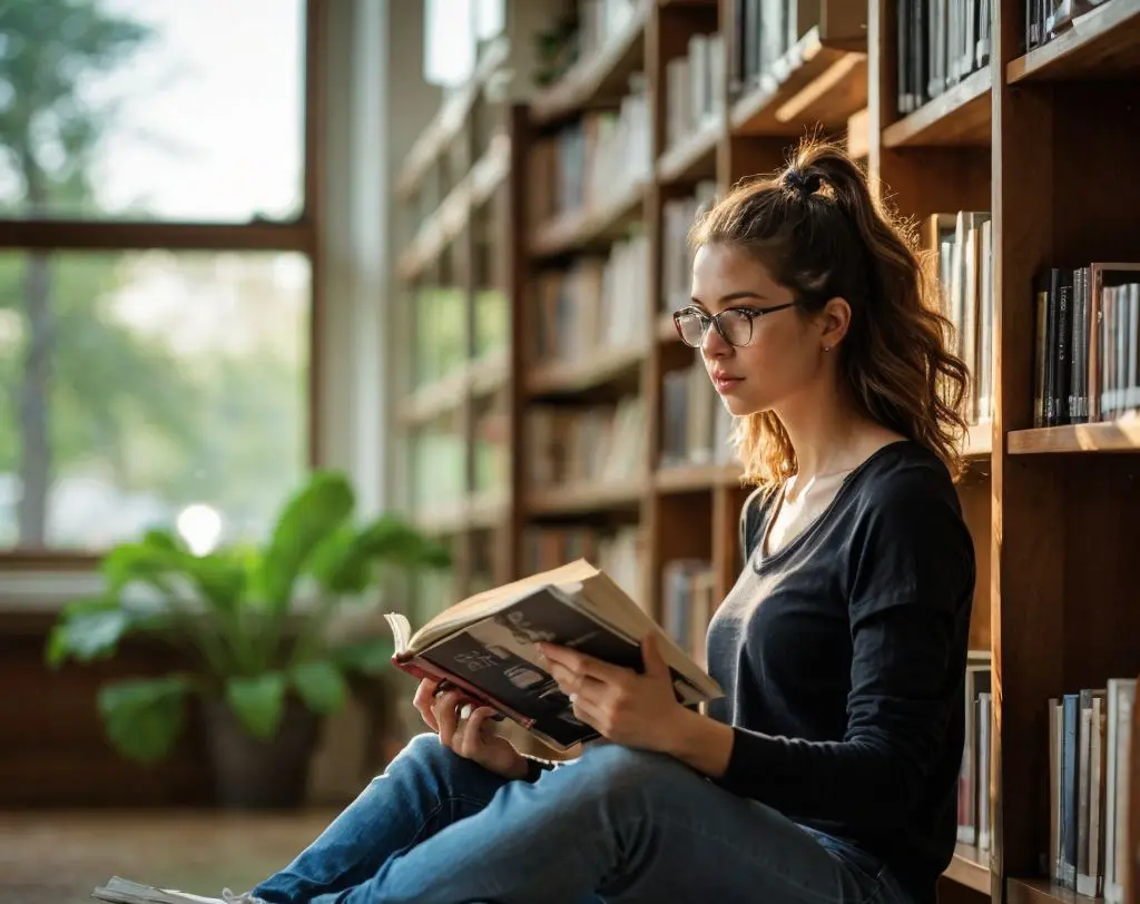 本棚に寄りかかり読書する女性。自然光が差し込む静かな図書室の雰囲気。