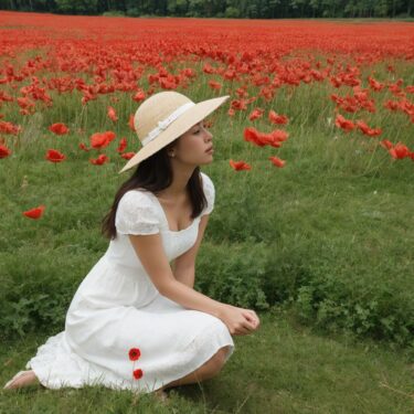 赤いポピー畑で白いドレスを着た女性が座り、麦わら帽子をかぶっている。