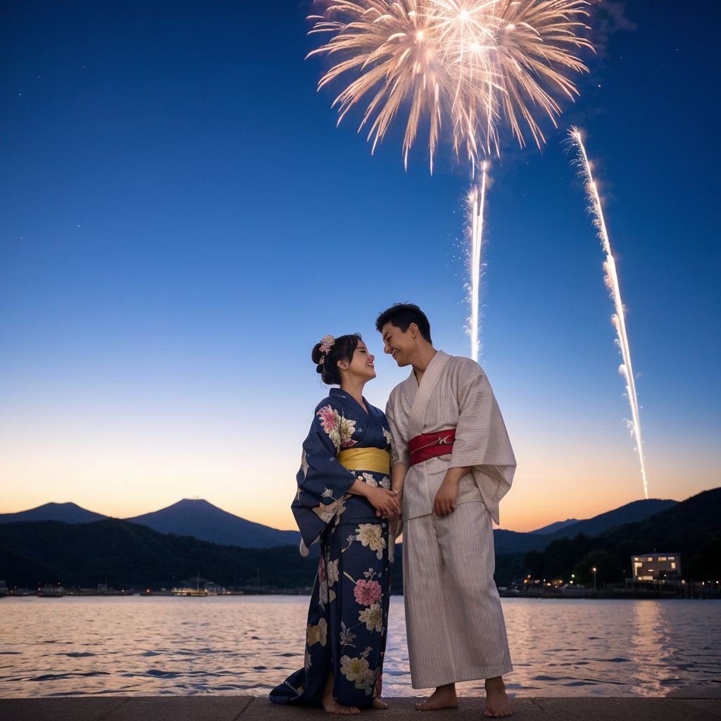 花火大会で祝う伝統的な装いのカップル。湖と山々を背景に、ロマンチックな瞬間を捉えた。
