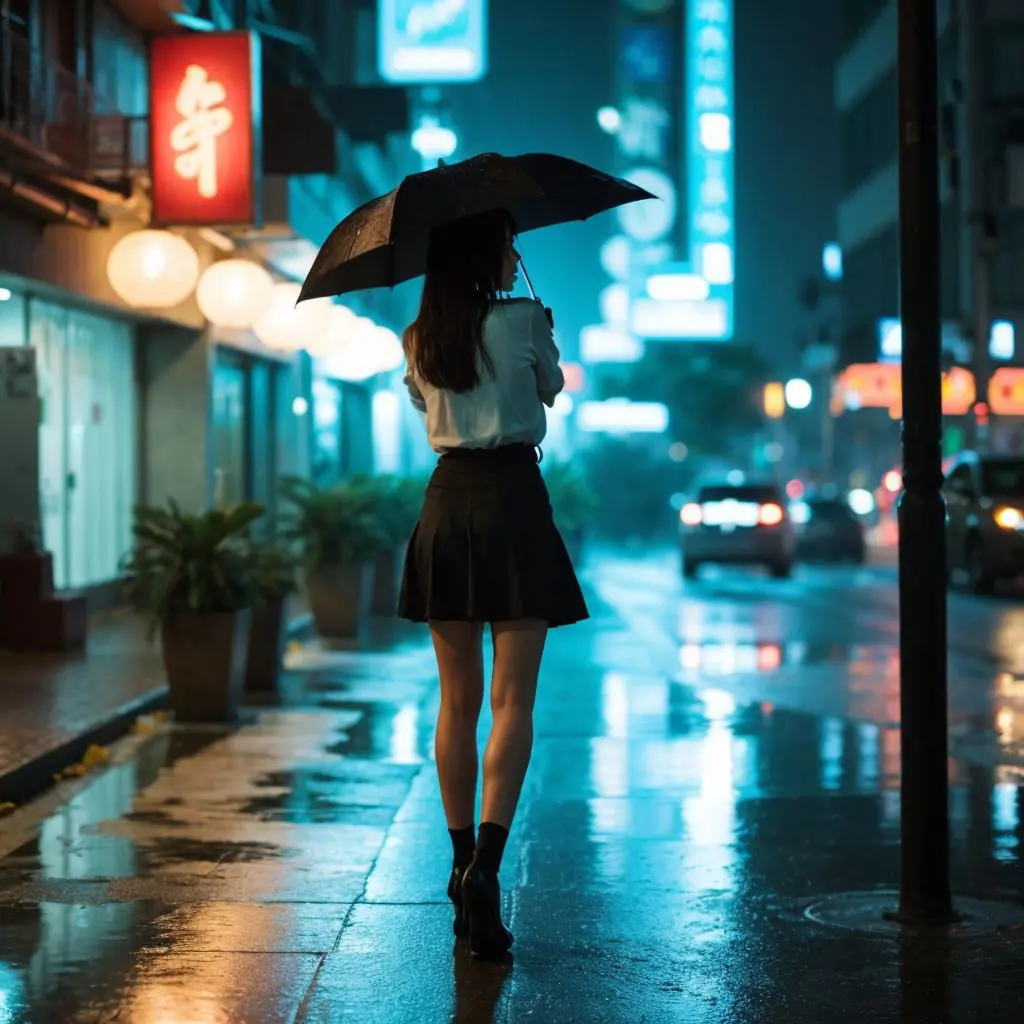 都会の夜景に佇む女性。雨に濡れた通りに反射するネオンの光。サイバーパンクな雰囲気。