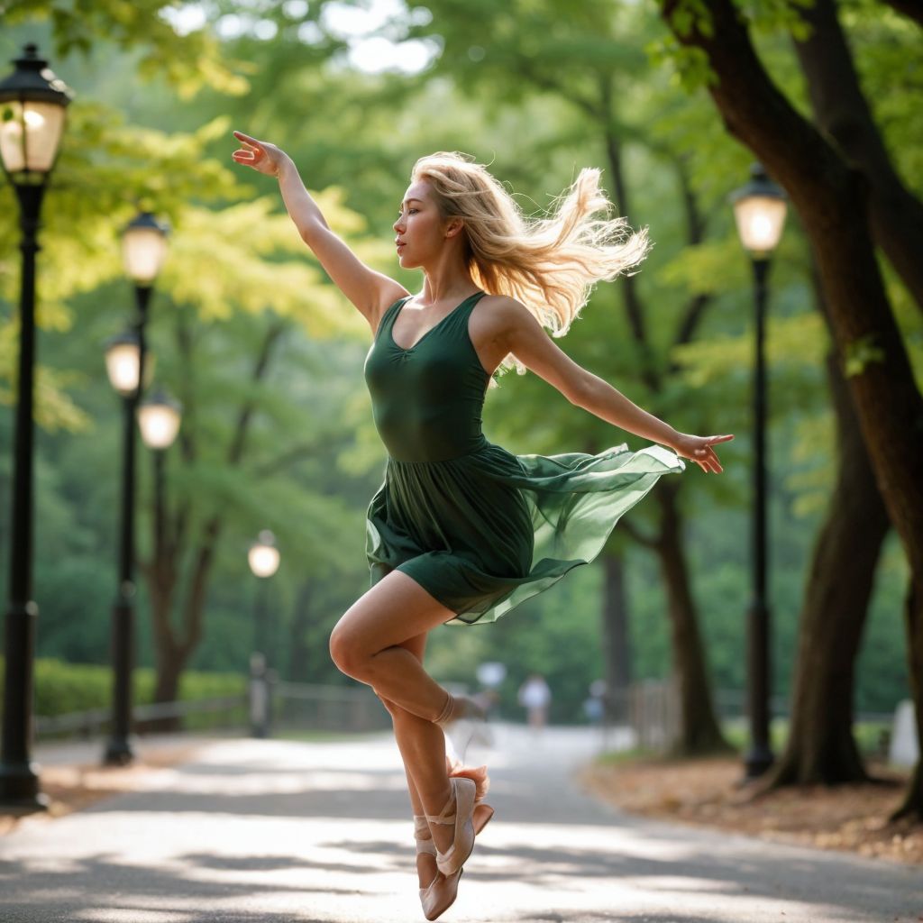 バレエダンサーが公園の小道で優雅に舞う。緑豊かな木々と街灯が背景に広がる。
