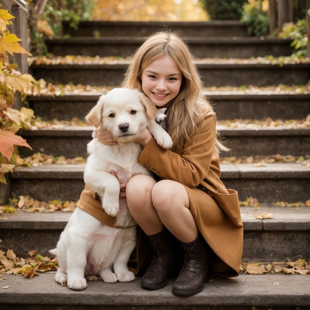秋の階段で若い女性が白い子犬を抱きしめ、幸せそうに微笑んでいる温かな風景。