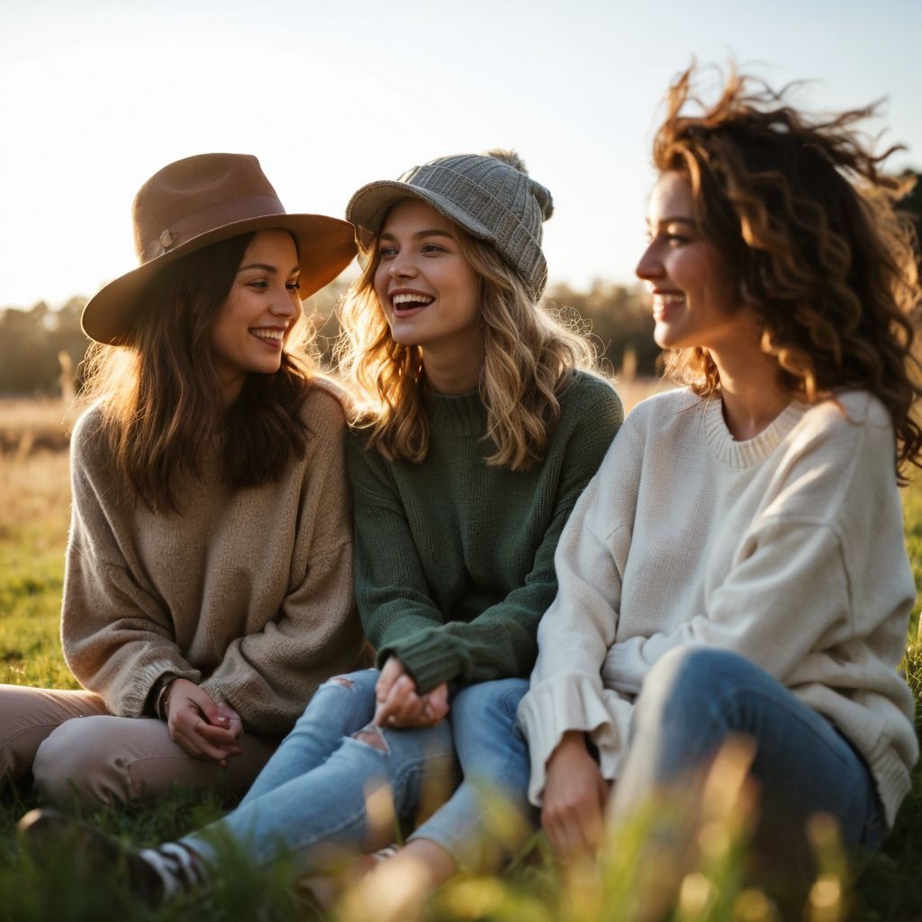 黄金色の草原で、3人の若い女性が笑顔で寄り添う親密な友情の瞬間。