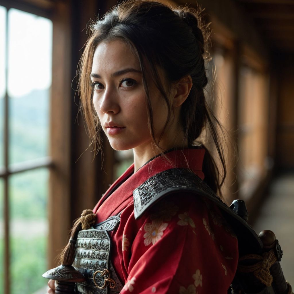 日本の伝統的な赤い着物と鎧を身につけた若い女性の肖像画。窓際で撮影された美しい姿。
