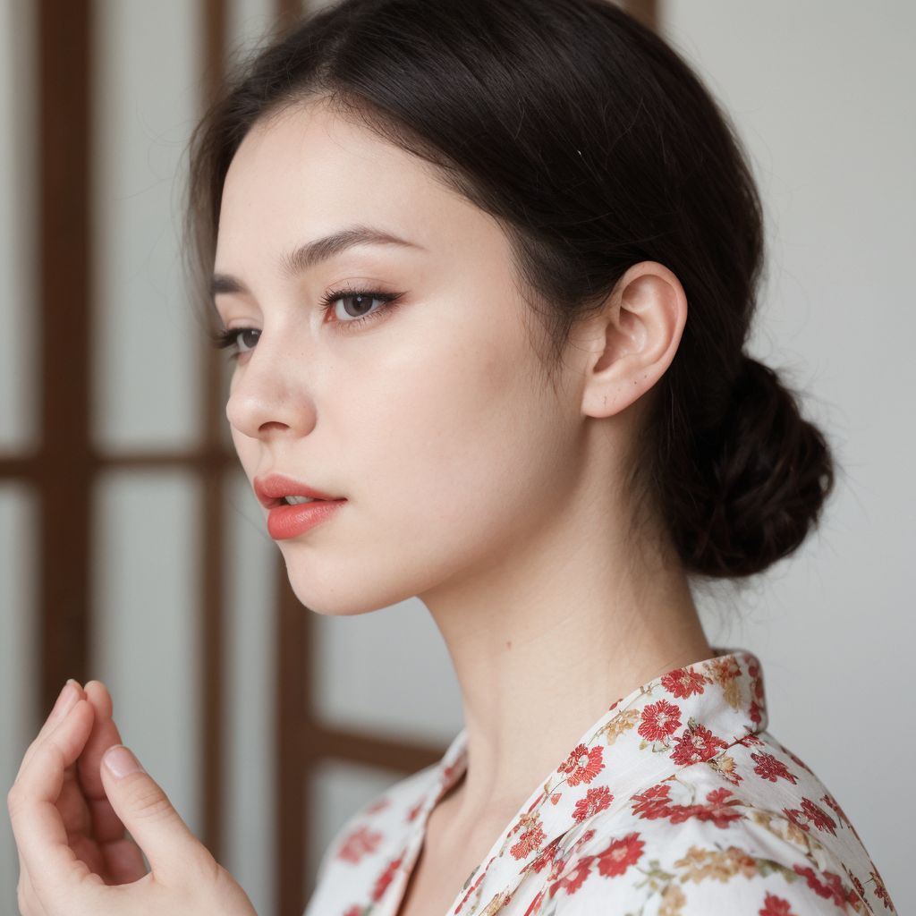 伝統的な着物姿の若い日本女性の横顔。優雅な髪型と繊細な表情が印象的。