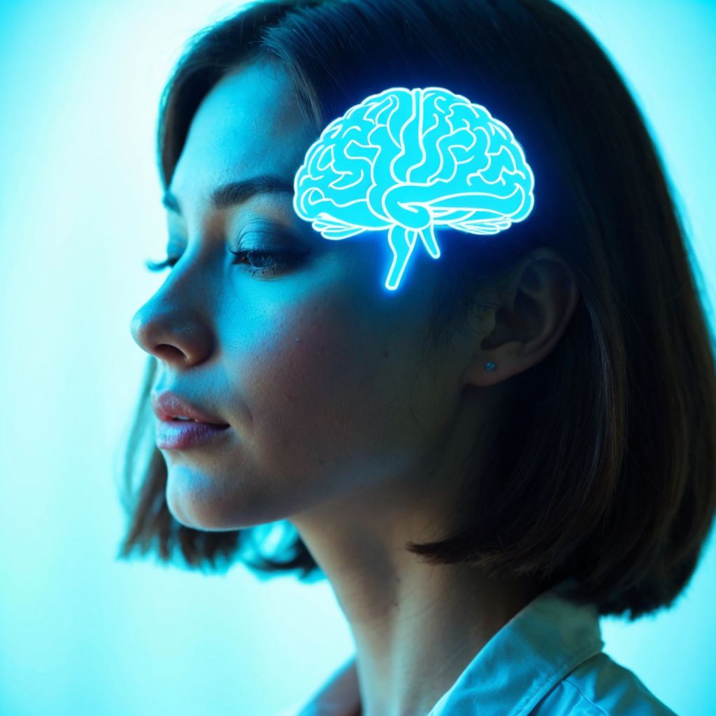 人工知能と人間の脳を表現する未来的な青い画像。テクノロジーと認知科学の融合を示す。