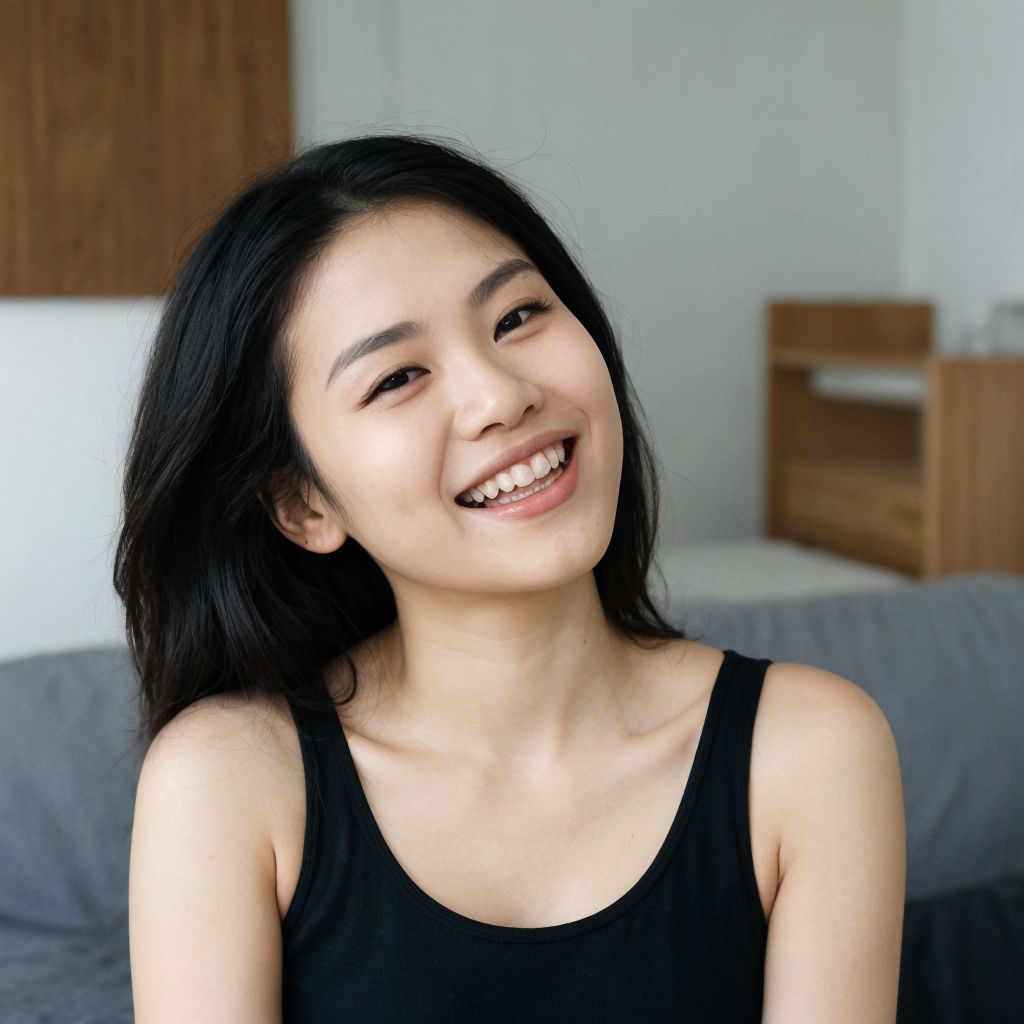 笑顔の若いアジア人女性の肖像画。長い黒髪と黒いトップス姿で、明るい背景に映える。