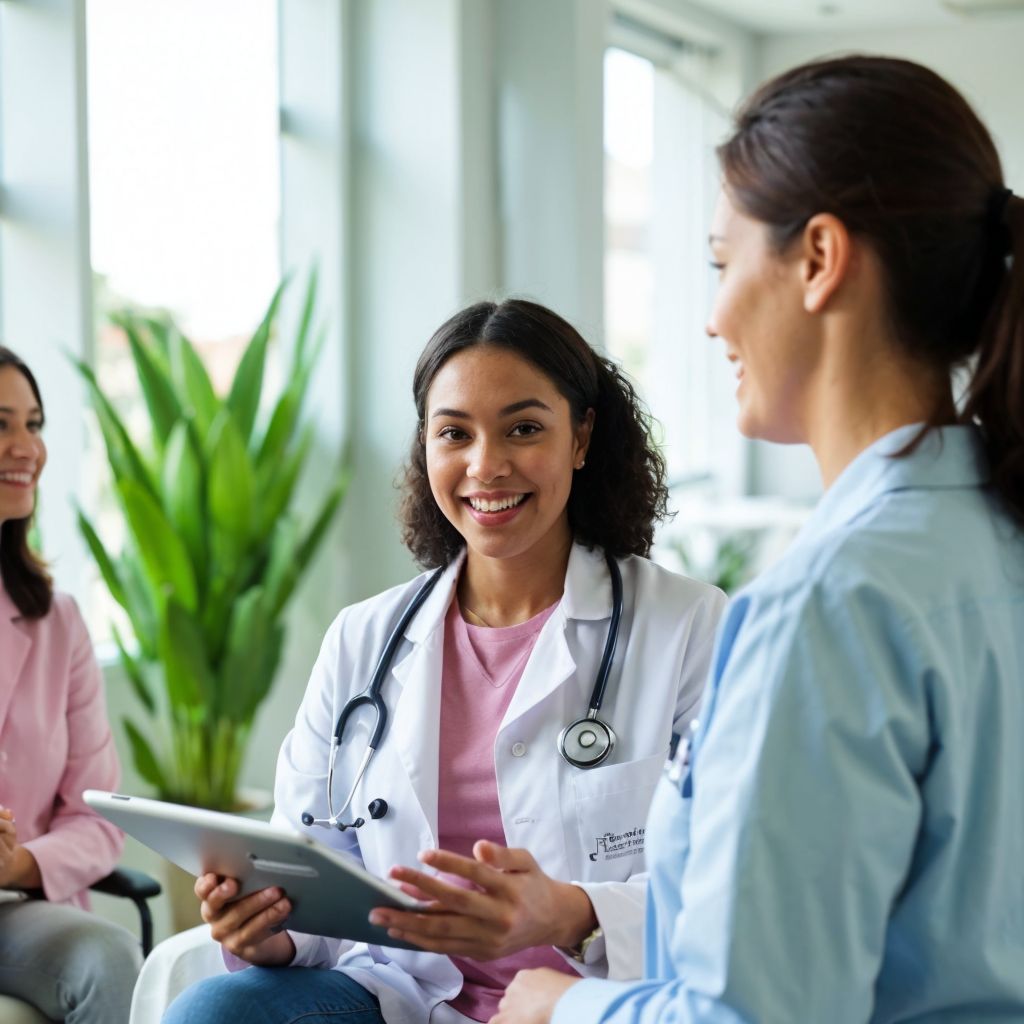 医療チームの協力: 笑顔の女性医師と看護師が患者と話し合う明るい診察室の風景。