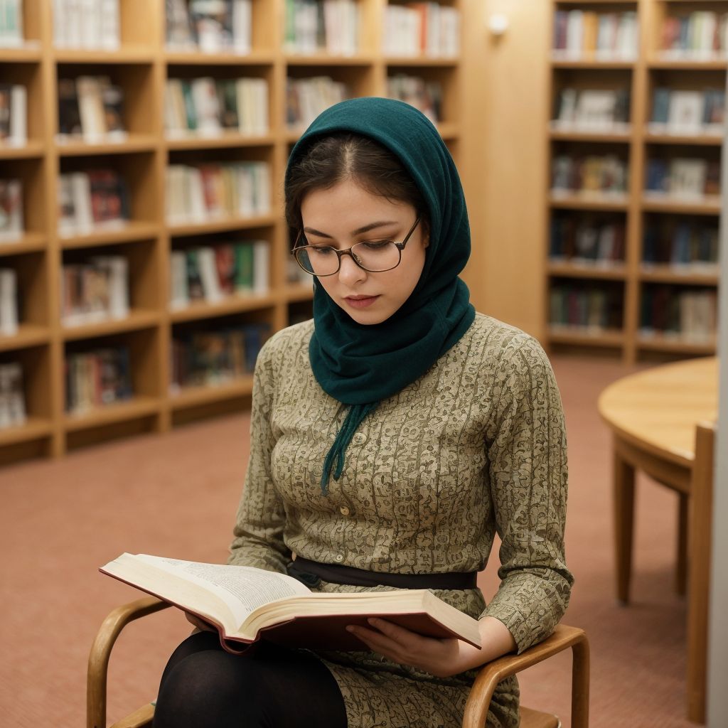 ヒジャブを着用した若い女性が図書館で本を読んでいる。静かな学習環境。