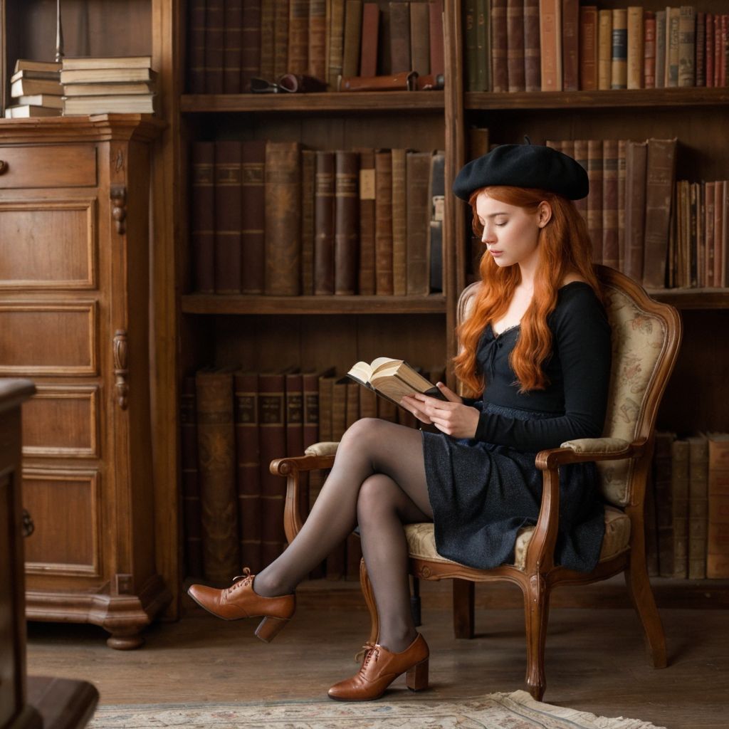赤毛の女性が図書館で本を読んでいる。ベレー帽と黒いトップスを着用。