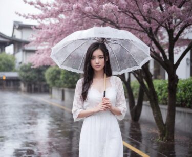 桜満開の雨の中、白いドレスを着た女性が透明な傘を持って立っている。