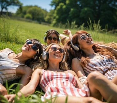 夏の日、緑の芝生で寛ぐ4人の若い女性。サングラスとヘッドフォンを着用。