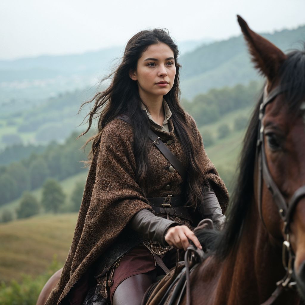霧の山々を背景に、馬に乗った若い女性が冒険に出発する瞬間。中世ファンタジーの雰囲気漂う風景。