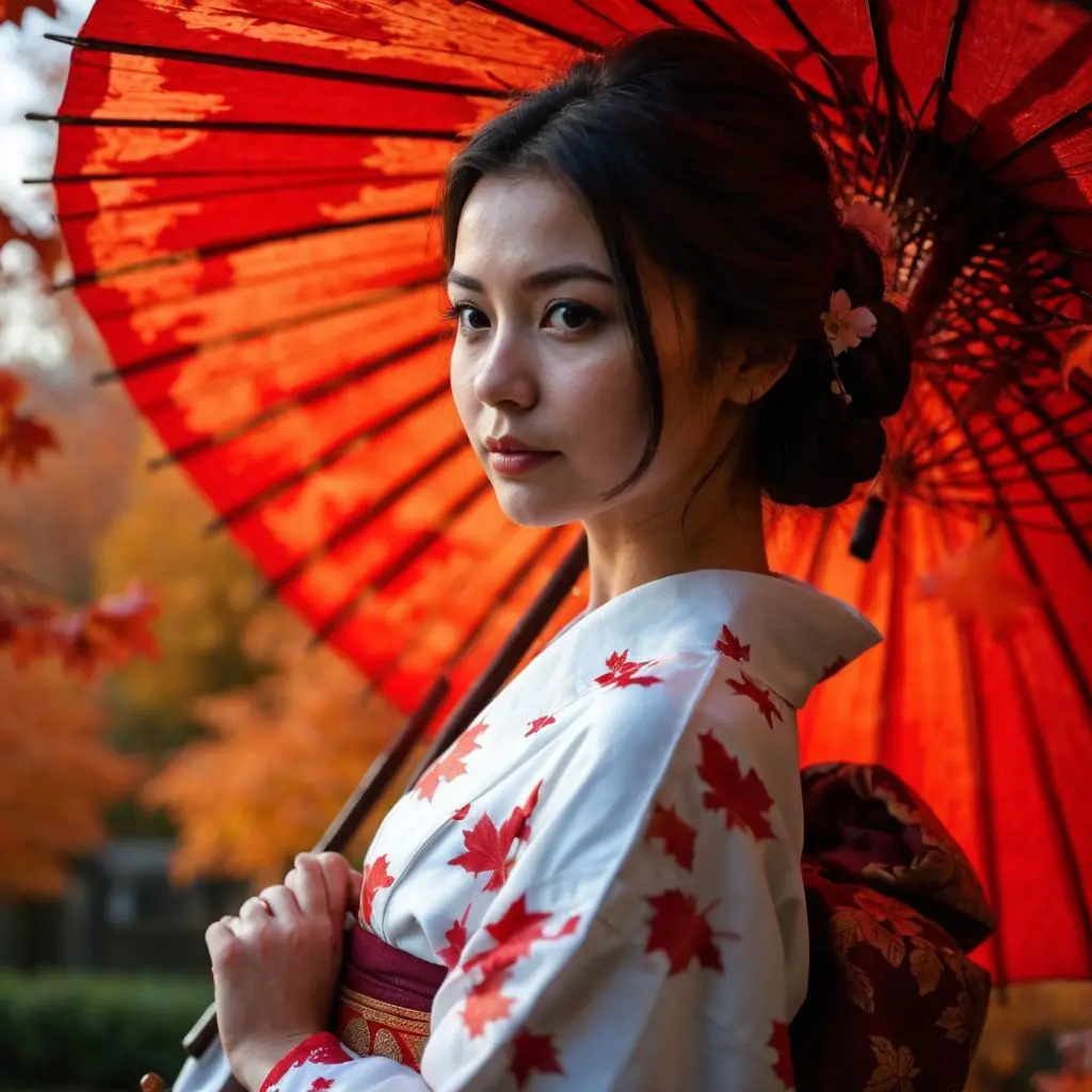 紅葉の季節に和傘を持つ白い着物姿の美しい日本女性の肖像画。