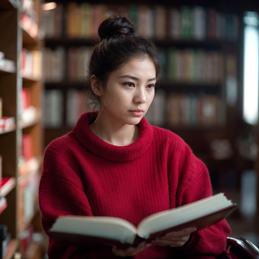 赤いセーターを着た女性が図書館で本を熱心に読んでいる静かな読書シーン。