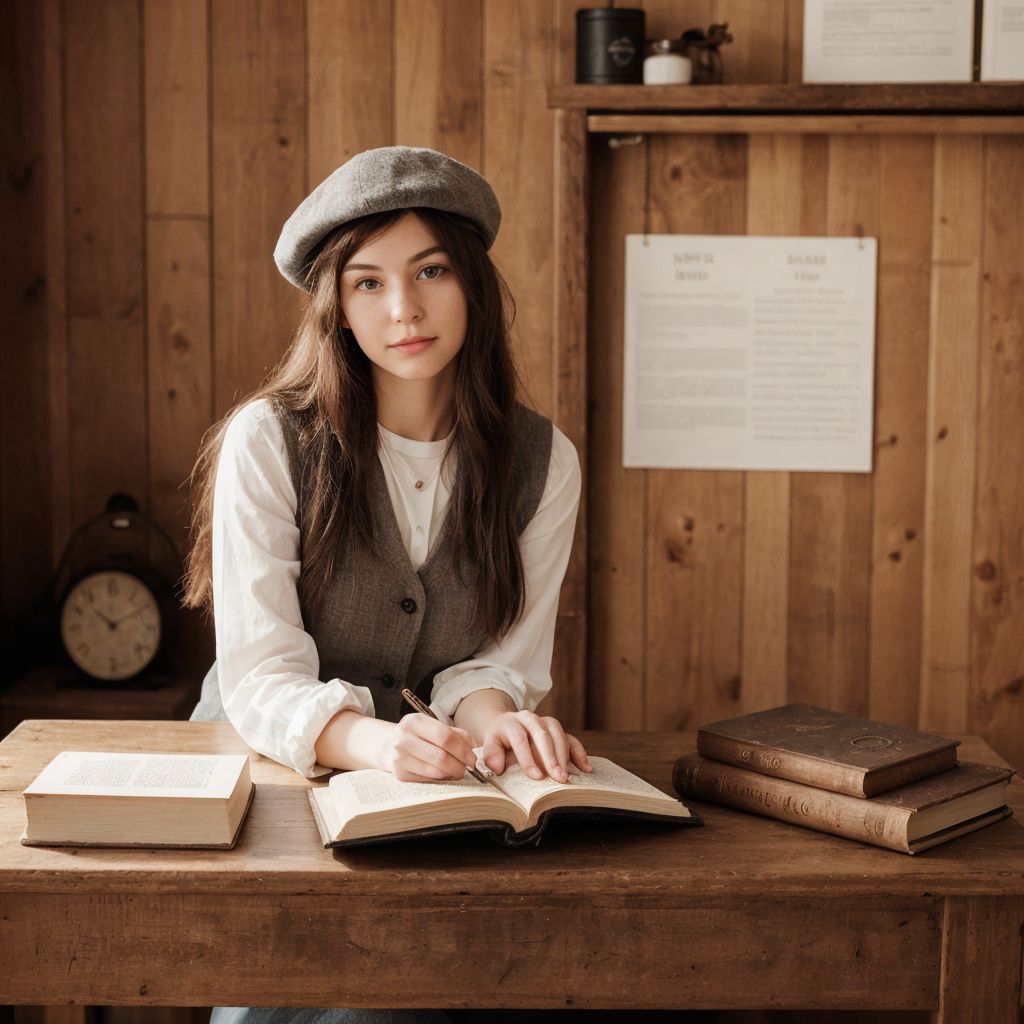 木製の机で勉強する若い女性。レトロな雰囲気の室内で本を読み、ノートを取る学生。