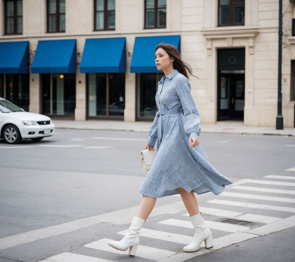 青いドレスを着た女性が都会の通りを歩く。白いブーツとバッグで洗練された都市のファッション。