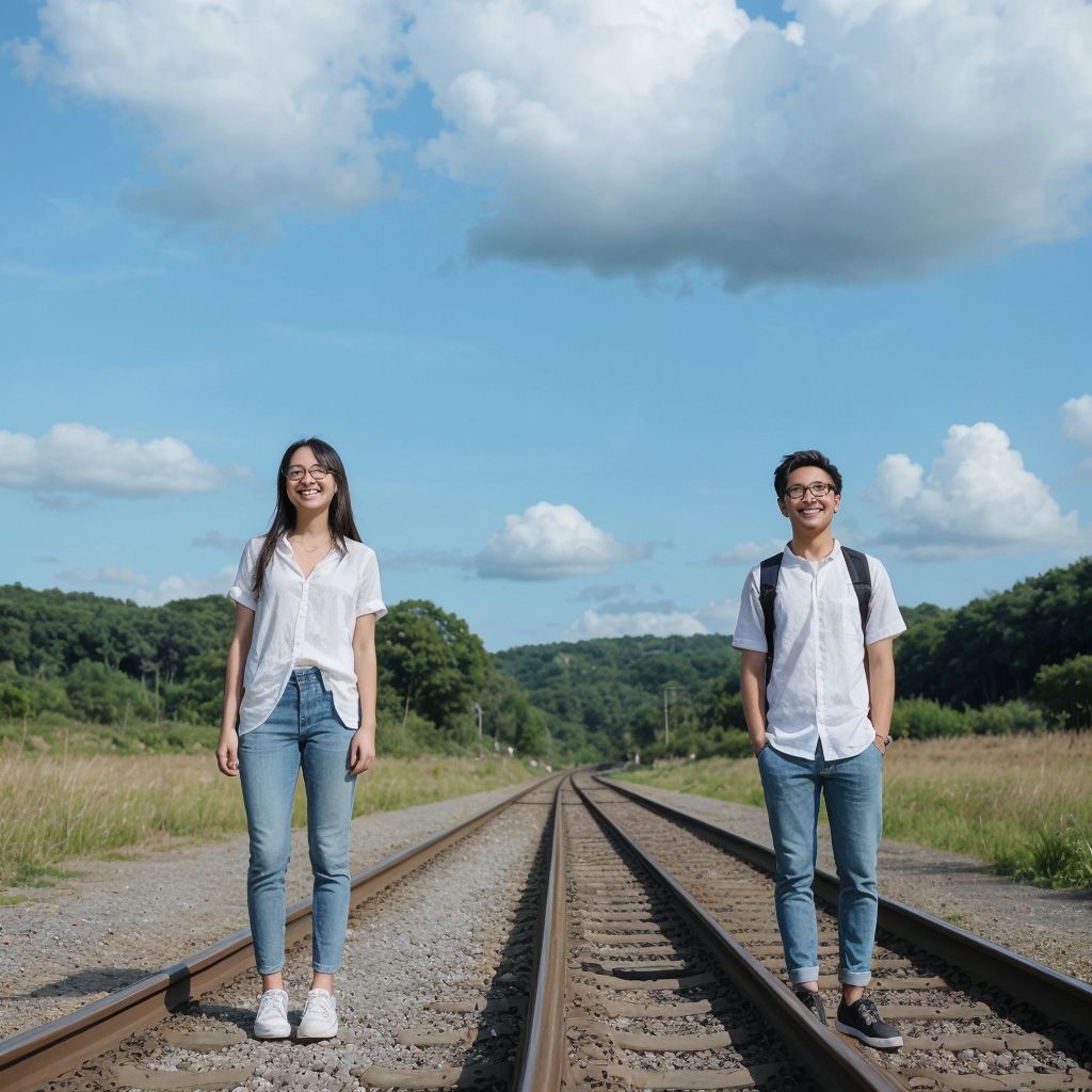 青空の下、線路の上に立つ若い2人の笑顔。緑豊かな田舎の風景が広がる。