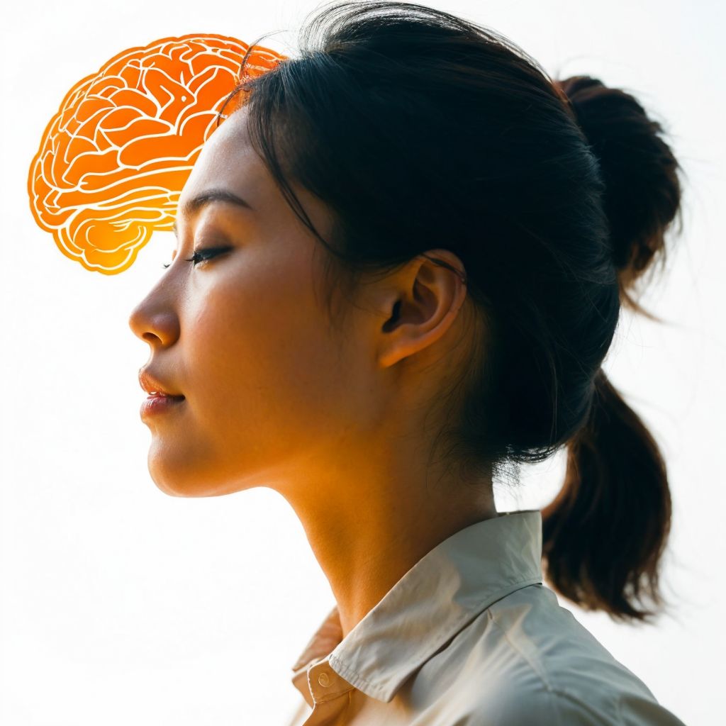 アジア系女性のプロフィールと頭上のオレンジ色の脳のイラスト。知性と瞑想を表現。