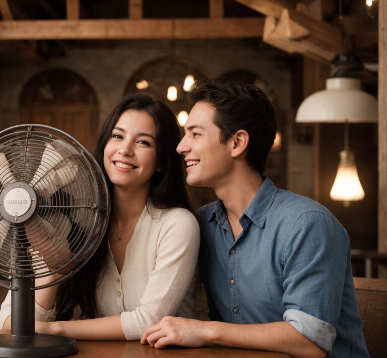 若いカップルがヴィンテージファンの前で笑顔で寄り添う、居心地の良いカフェの風景。