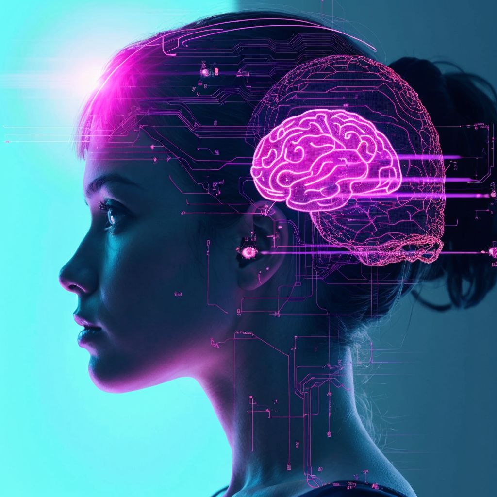 人工知能と人間の脳が融合する未来的なイメージ。ピンクの回路が頭部を覆う。