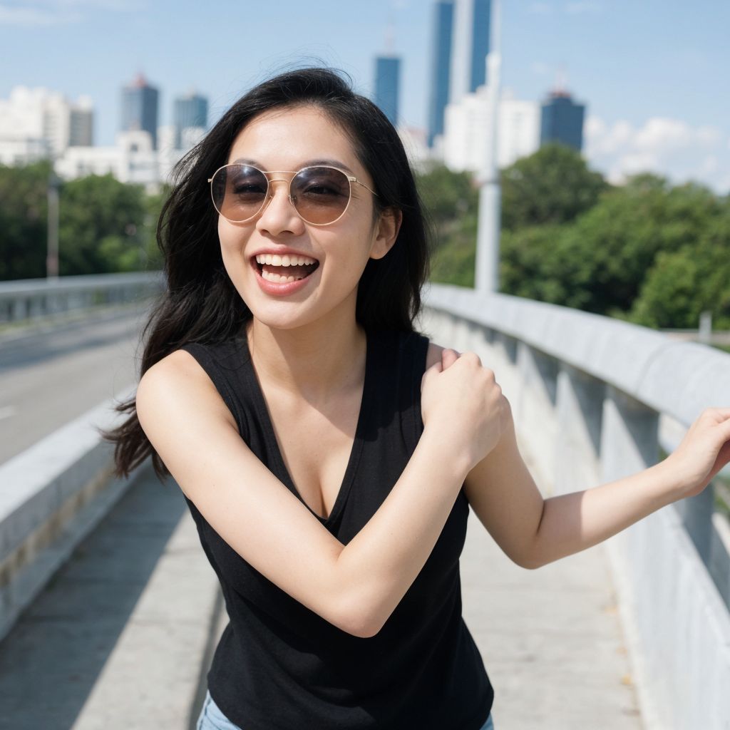 都会のスカイラインを背景に、笑顔の若い女性が橋の上で喜びに満ちた姿を見せている。