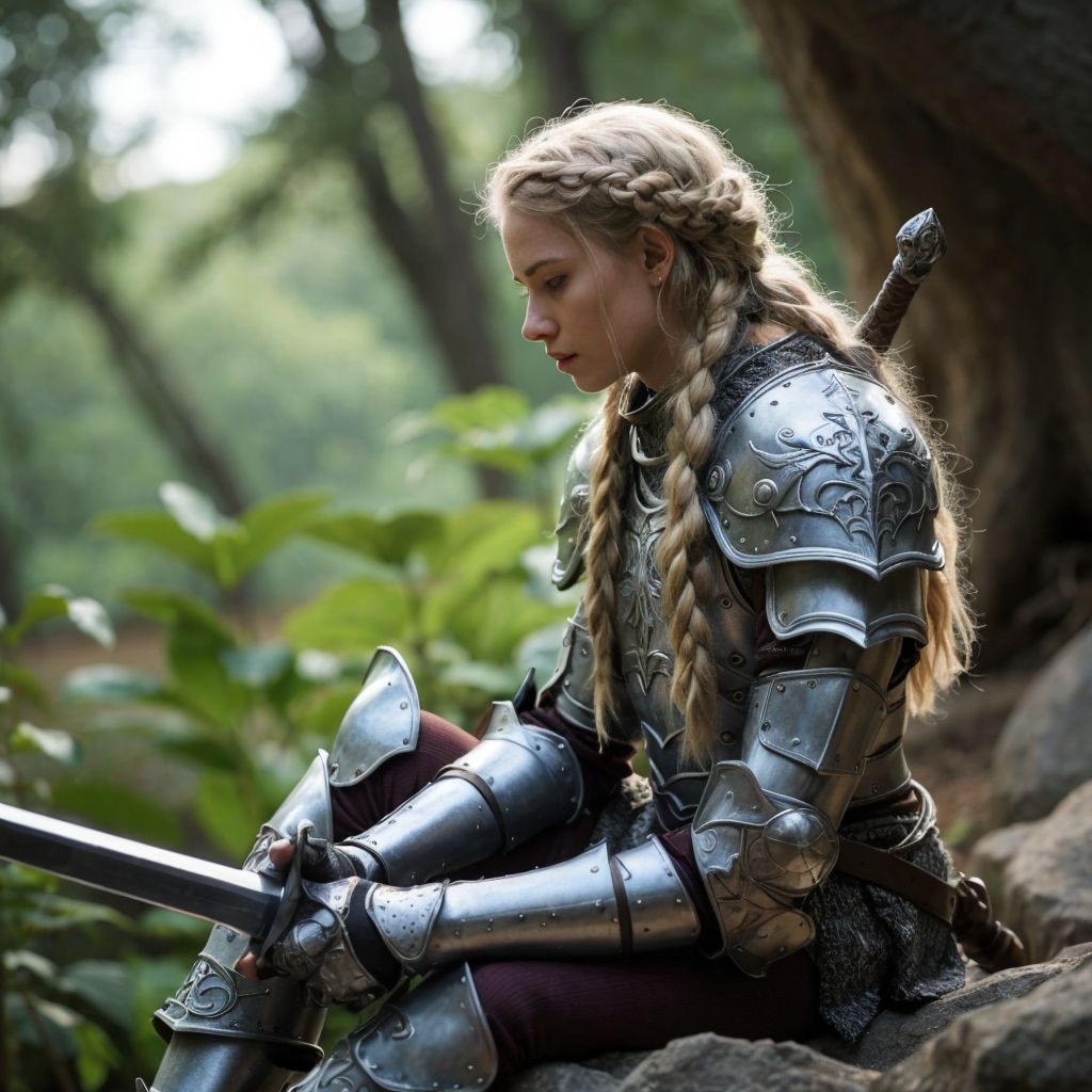 中世の森で、精巧な鎧を着た長い三つ編みの髪の女性戦士が剣を持って座っている。