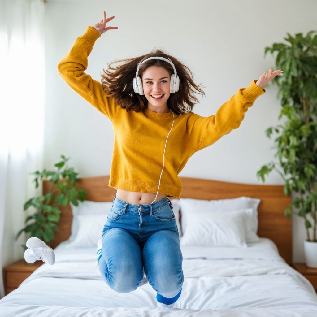 黄色いセーターを着た人がベッドの上でジャンプし、ヘッドフォンで音楽を楽しんでいる明るい寝室の様子。