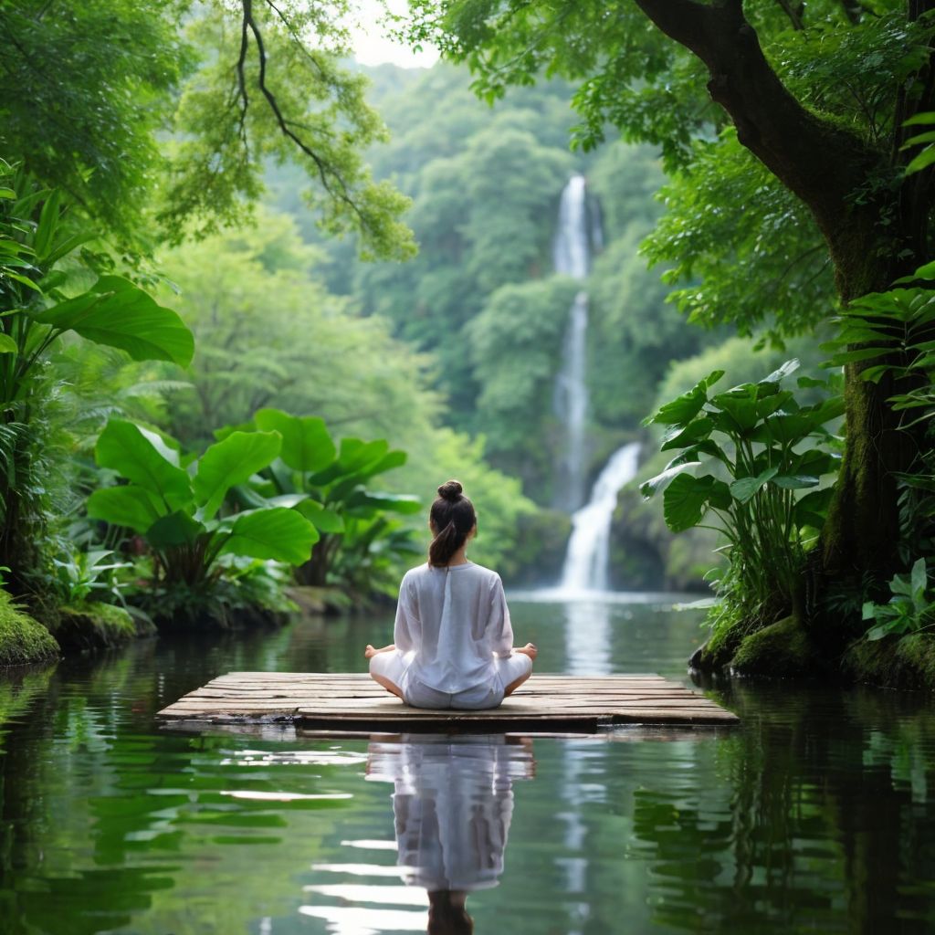 滝を背景に、木製の桟橋で瞑想する白衣の人物。緑豊かな自然に囲まれた静寂な風景。
