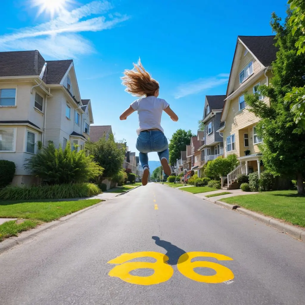 郊外の通りで、青空の下、喜びに満ちた子供が高くジャンプする明るい風景。