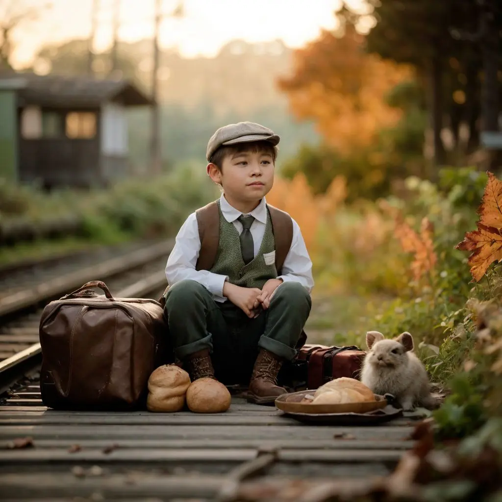 レトロな服装の少年が古い線路の上に座り、パンとスーツケースに囲まれている秋の風景。