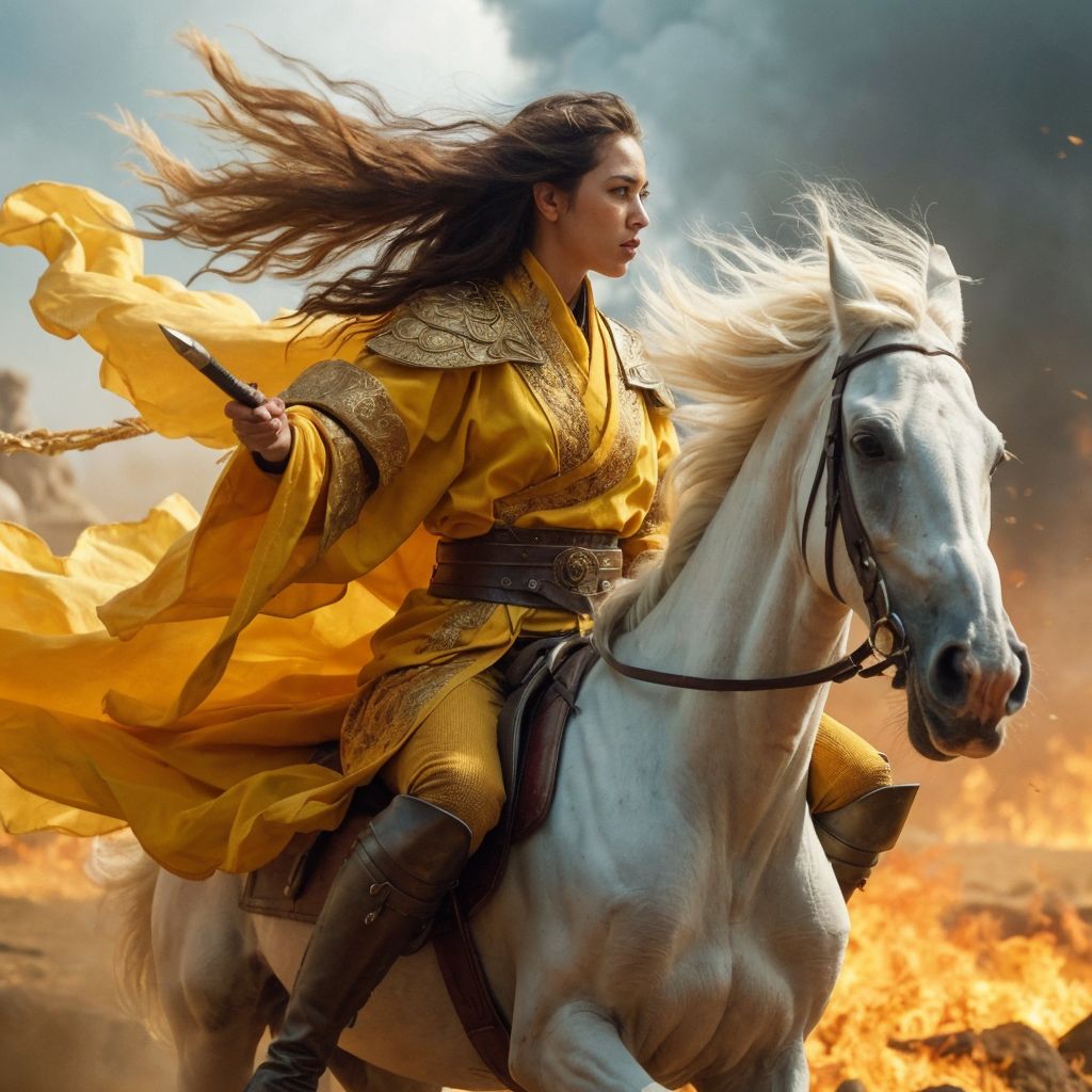 黄色い衣装の戦士が白馬に乗り、戦場の炎と煙の中を駆け抜ける勇壮な場面。