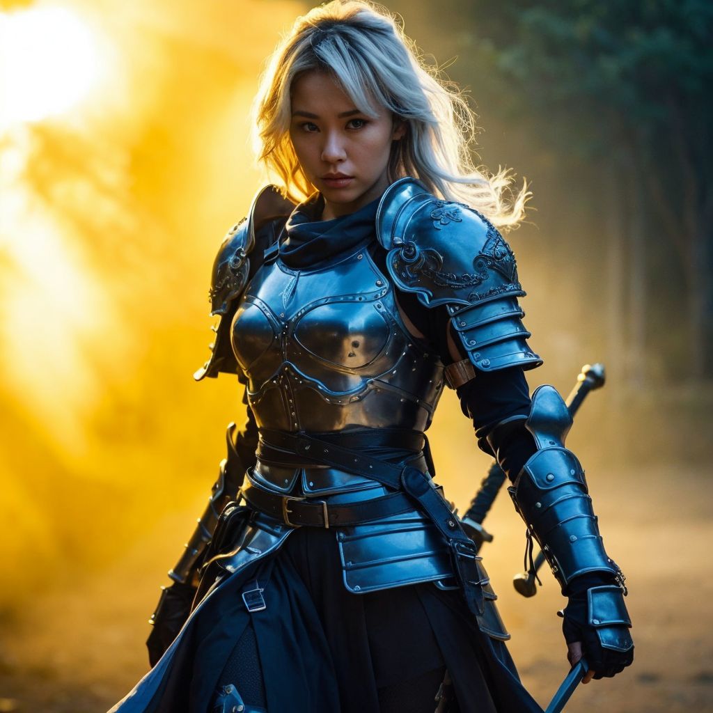 金色の光の中に立つ青い鎧の女性戦士、決意に満ちた表情で武器を構える。