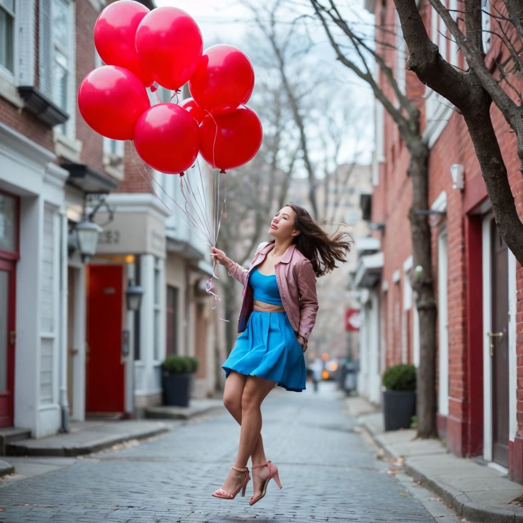 赤い風船を持つ青いドレスの女性が、石畳の通りで楽しそうに歩いている。