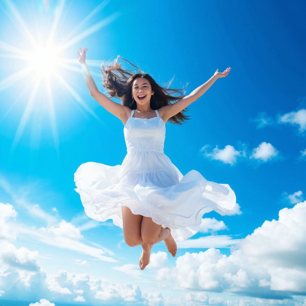 青空の下、白いワンピースを着た女性が喜びに満ちて高くジャンプしている。太陽の光が彼女を包む。