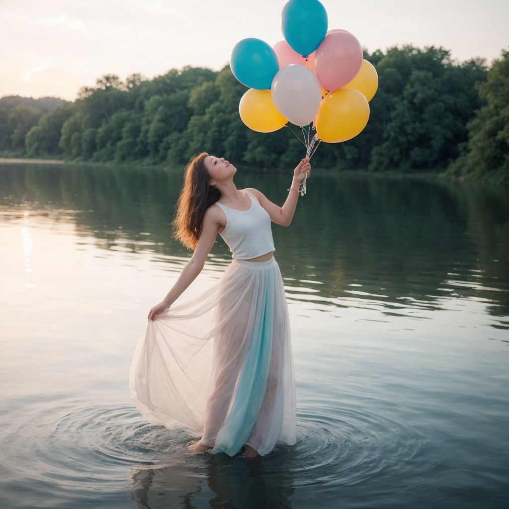 湖畔で風船を持つ白いドレスの女性が、静かな森に囲まれた美しい風景を楽しんでいる。