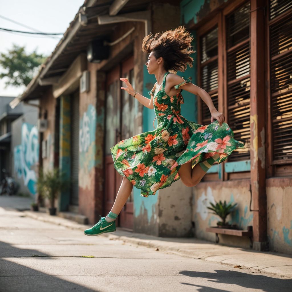 花柄ワンピースの女性が、古い建物が並ぶ通りでジャンプしている。活気に満ちた都市の風景。