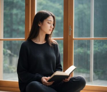 窓際で読書を楽しむ若い女性。自然光に包まれた静かな瞬間。