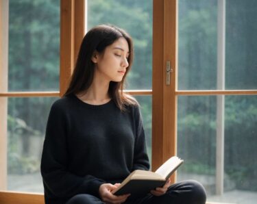 窓際で読書を楽しむ若い女性。自然光に包まれた静かな瞬間。