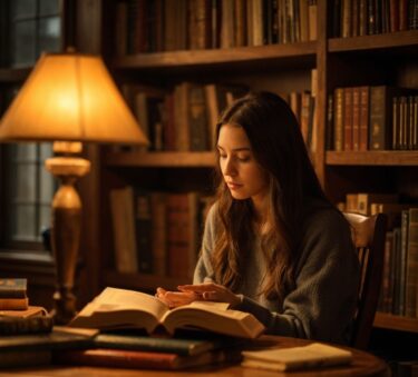 暖かい照明の下、本棚に囲まれた図書室で、若い女性が熱心に本を読んでいる。
