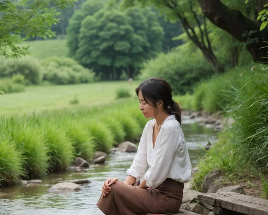 小川のほとりで静かに座る女性、緑豊かな自然に囲まれた瞑想的な風景。