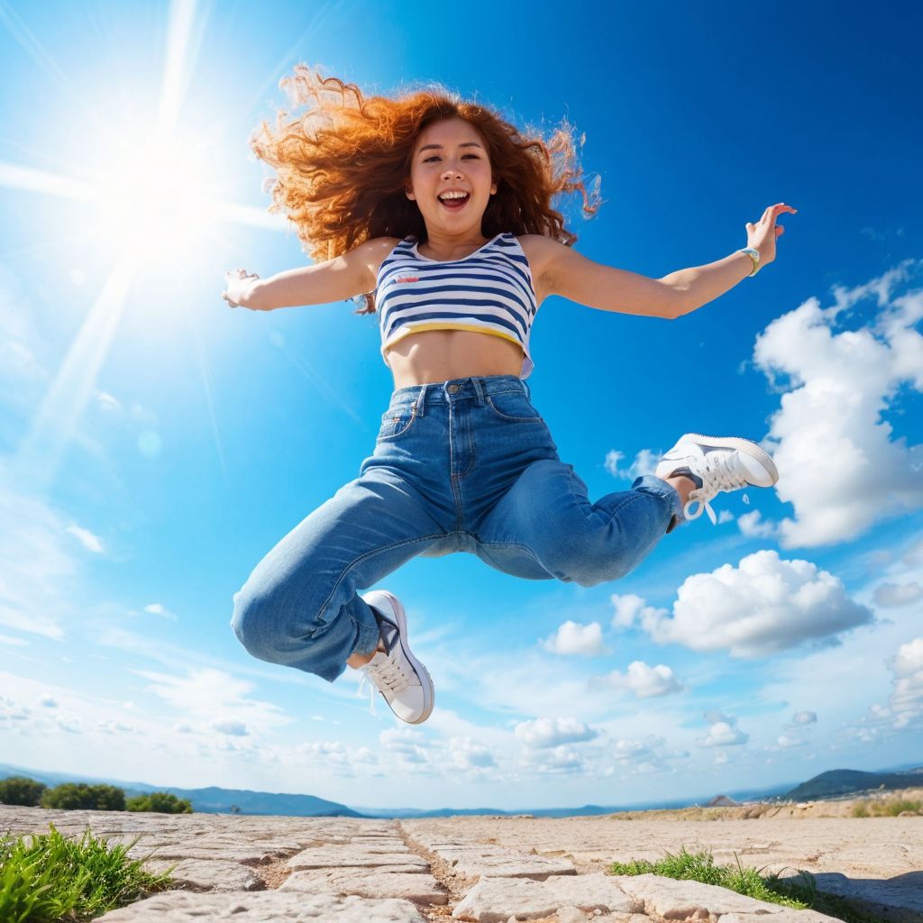 青空の下でジャンプする若い女性。ストライプのトップスとジーンズ姿で喜びに満ちた表情。