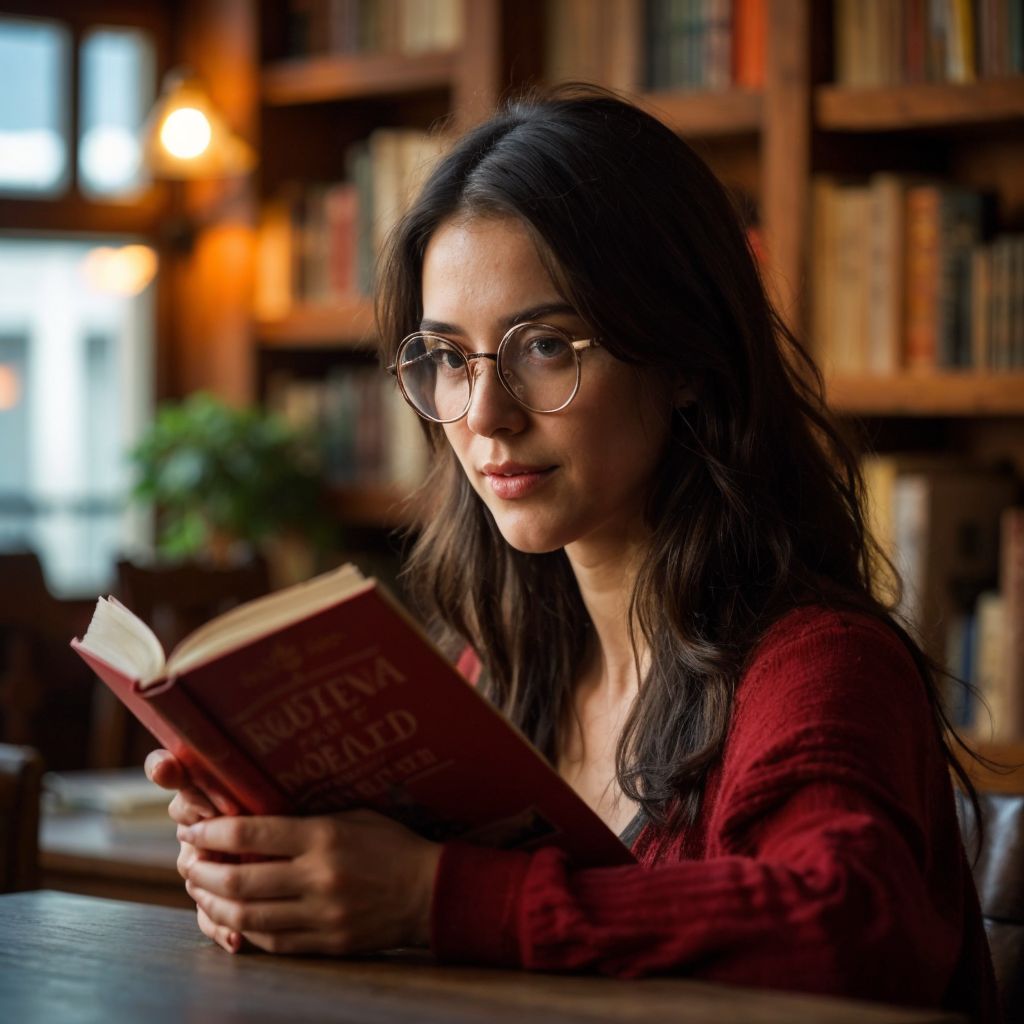図書館で赤いセーターを着た若い女性が本を読んでいる。眼鏡をかけ、集中している。